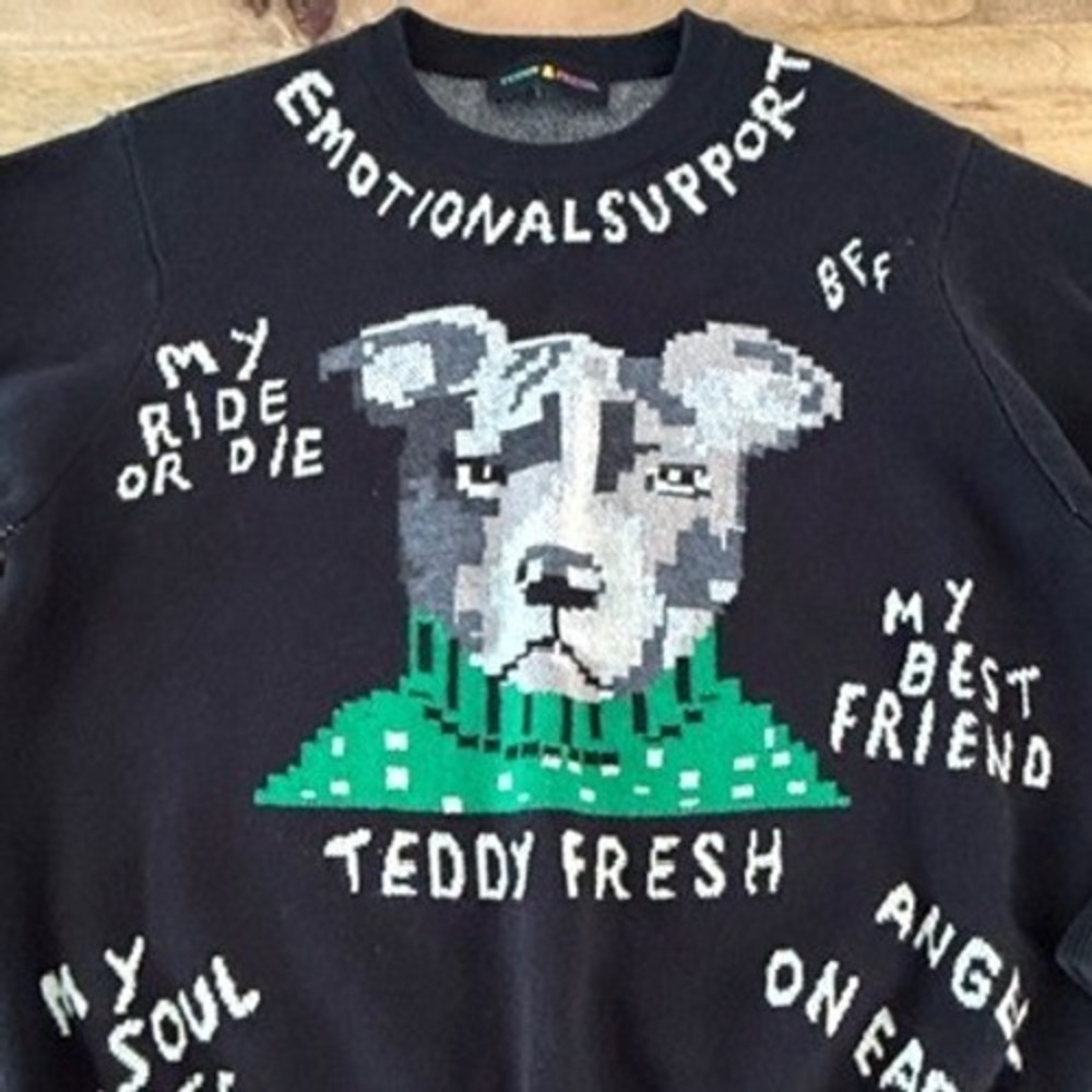Teddy Fresh Emotional Support Pitbull Dog Knit Crewneck Sweater Black Unisex - S